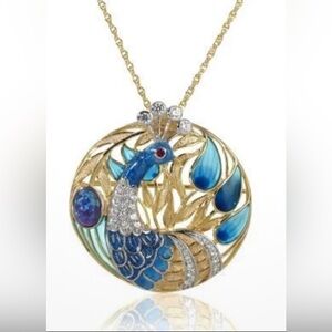 Gold over 925 Silver Art Nouveau Style Enamel Opal Ruby Peacock Pendant Brooch